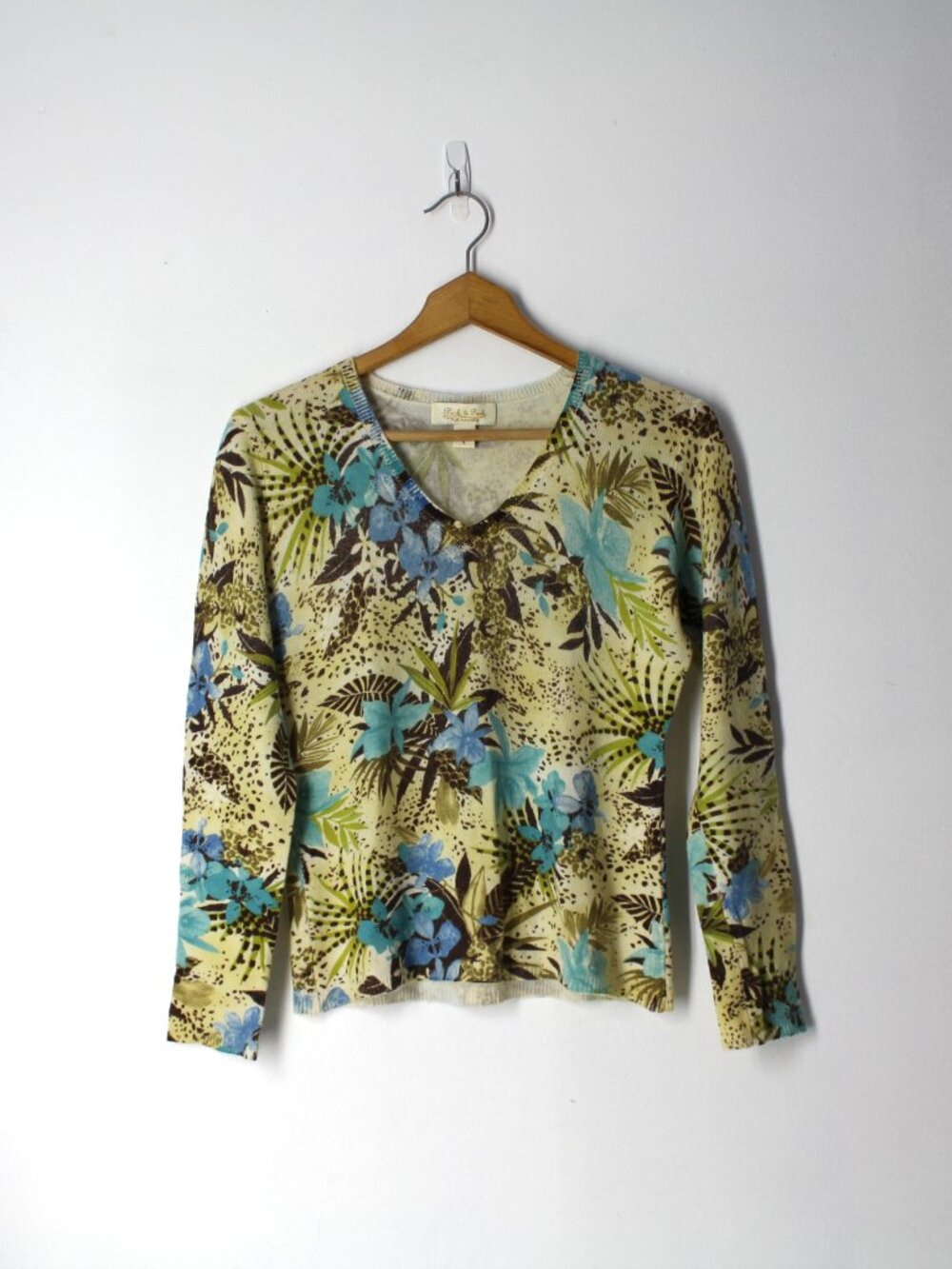 Peck & Peck Pure Cashmere V-neck sweater tropical floral print size S